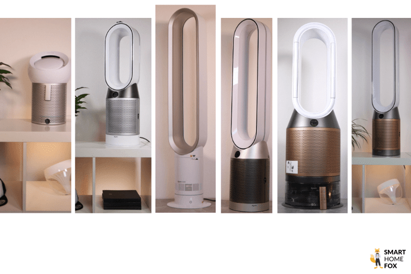 Unterschiedliche Dyson Ventilatoren, Luftreiniger und Luftkühler stehen nebeneinander im Test und Vergleich.